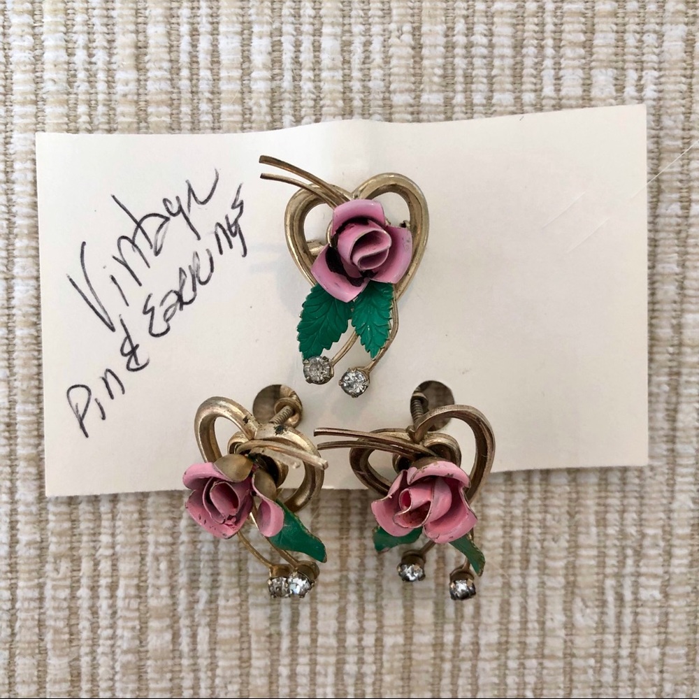 Vintage Rose Brooch & Earring Set